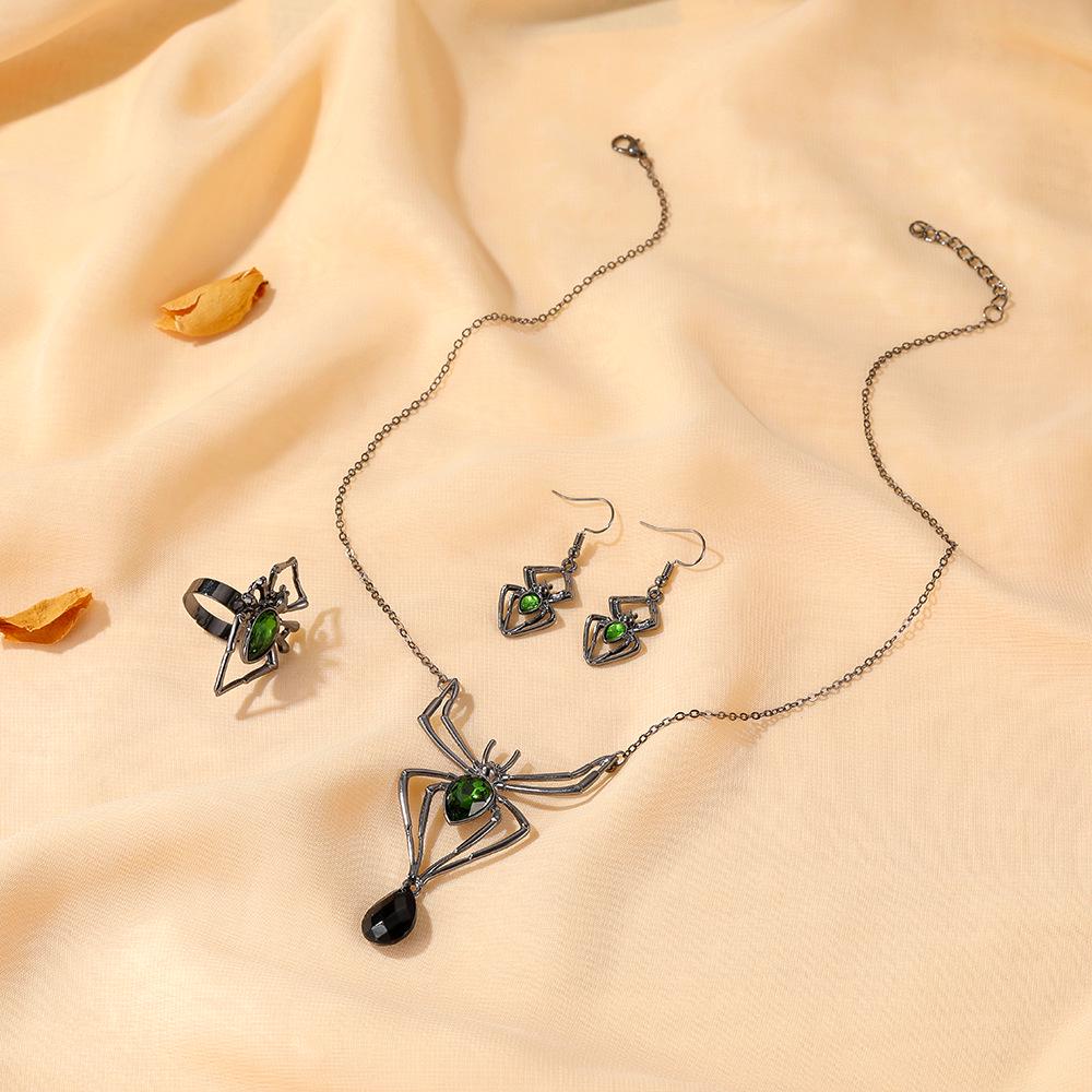 Halloween Vintage Smaragd Spinnen Schmuckset: Halskette, Ohrringe & Ring