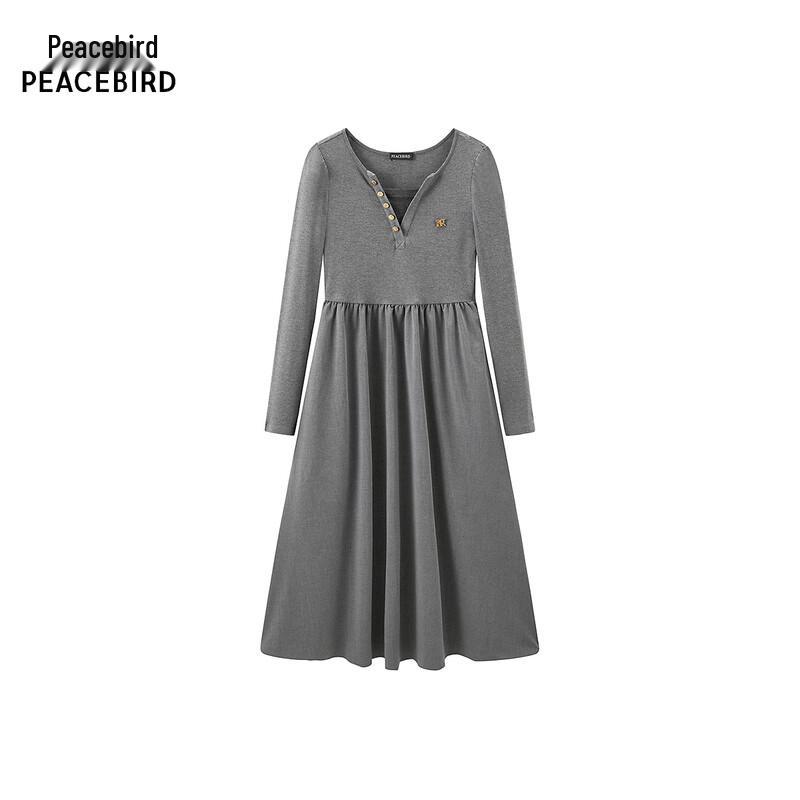 PEACEBIRD Faux Two-Piece Patchwork V-Neck Long Dress M