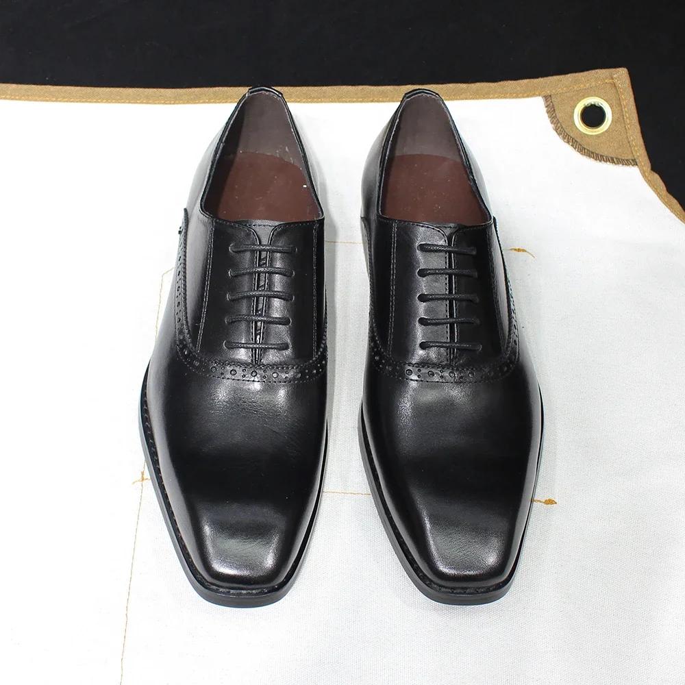 Fashion Luxury Genuine Cow Leather Men's Dress Shoes Lace-Up Oxford Pointed Toe Office Business Wedding Formal Footwear