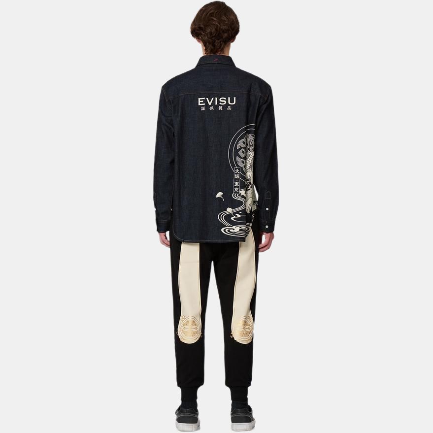 Evisu Fishing Letter Print Denim Shirt Men shirts Denim-Blue 2EAHTM2SL147RXDN
