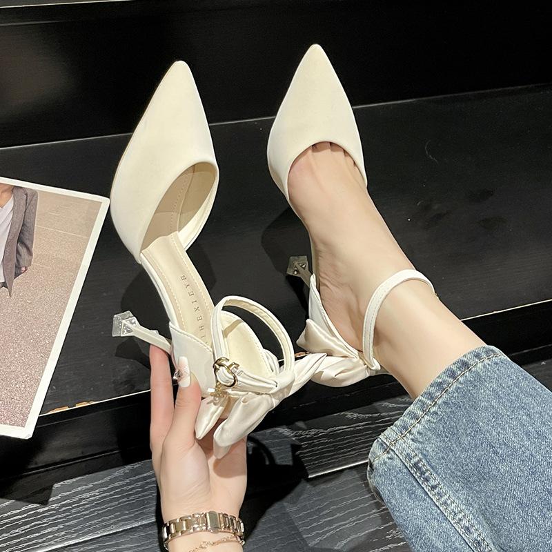 High Heels Women's Spring New Bow Thin Heel Cut Men's One-word Buckle Single Shoes Fairy Style French Pointed Head