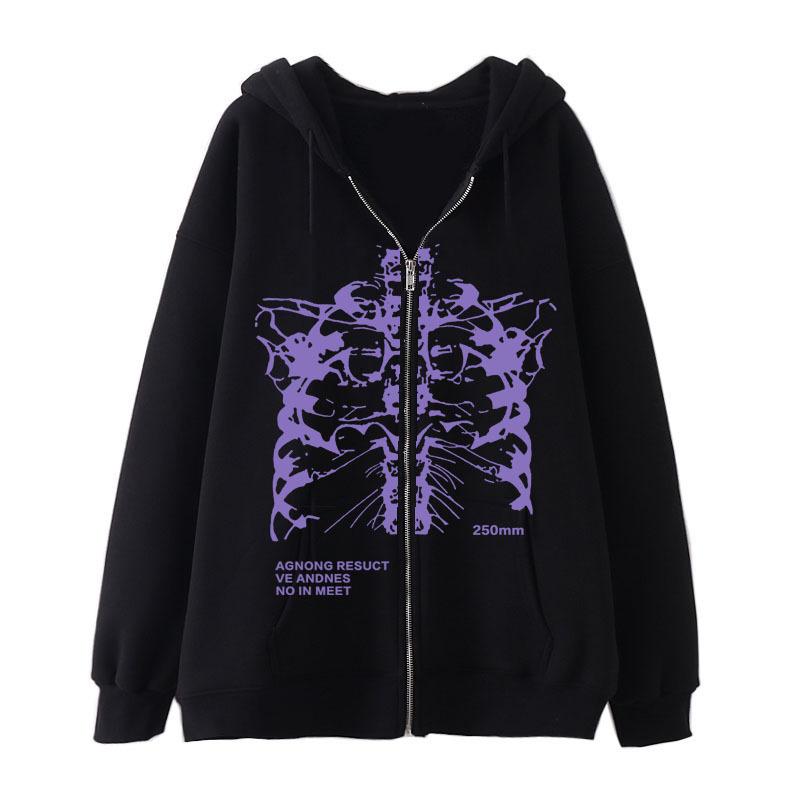Cross-border new product spot skull wings hooded zipper sweater women's fleece thickened loose sports cardigan sweater women's