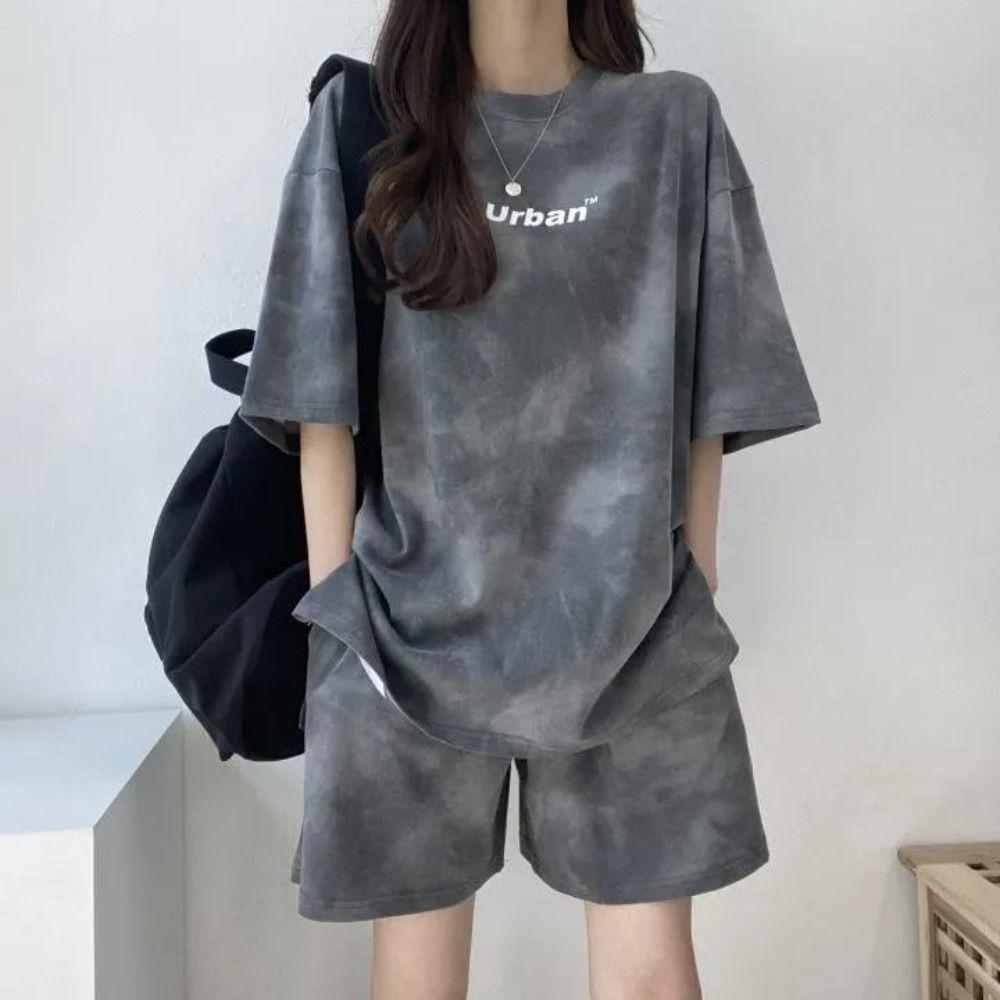 

Tie-dye Short Sleeve T-shirt Shorts Letter Casual Clothings Women Fashion Summer Loose Suit Female XL хакі