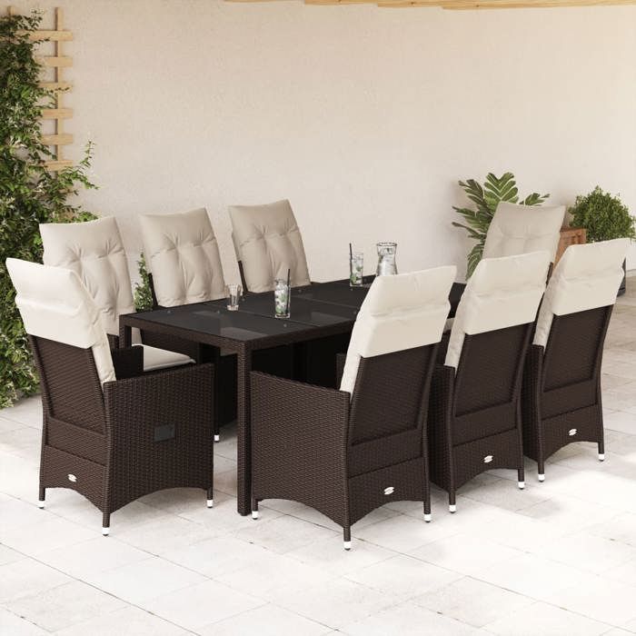 VidaXL Ensemble à manger de jardin et coussins 9 pcs marron poly rotin, ensemble de salle à manger d'extérieur, meuble de 3276774