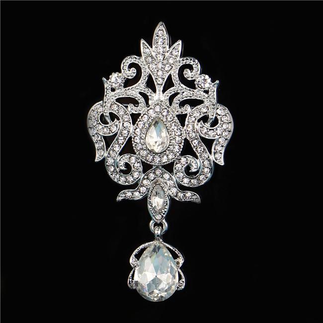 DIEZI Luxury Gold Silver Color Crystal Flower Bridal Brooches for Wedding Women Party Rhinestone Bouquet Water Drop Brooch Pins