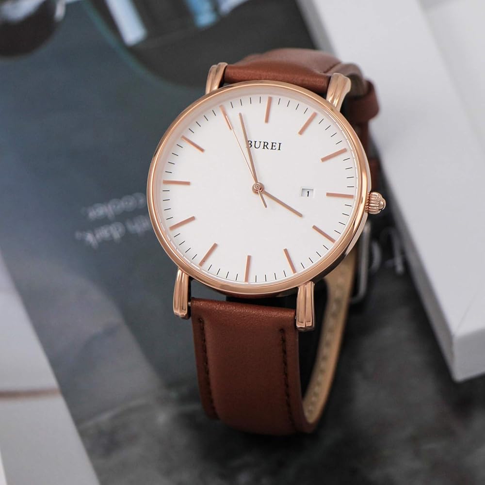 BUREI Men's Simple Analog Watch Waterproof Quartz Business Date Rose Gold White Stylish Slim Wristwatch