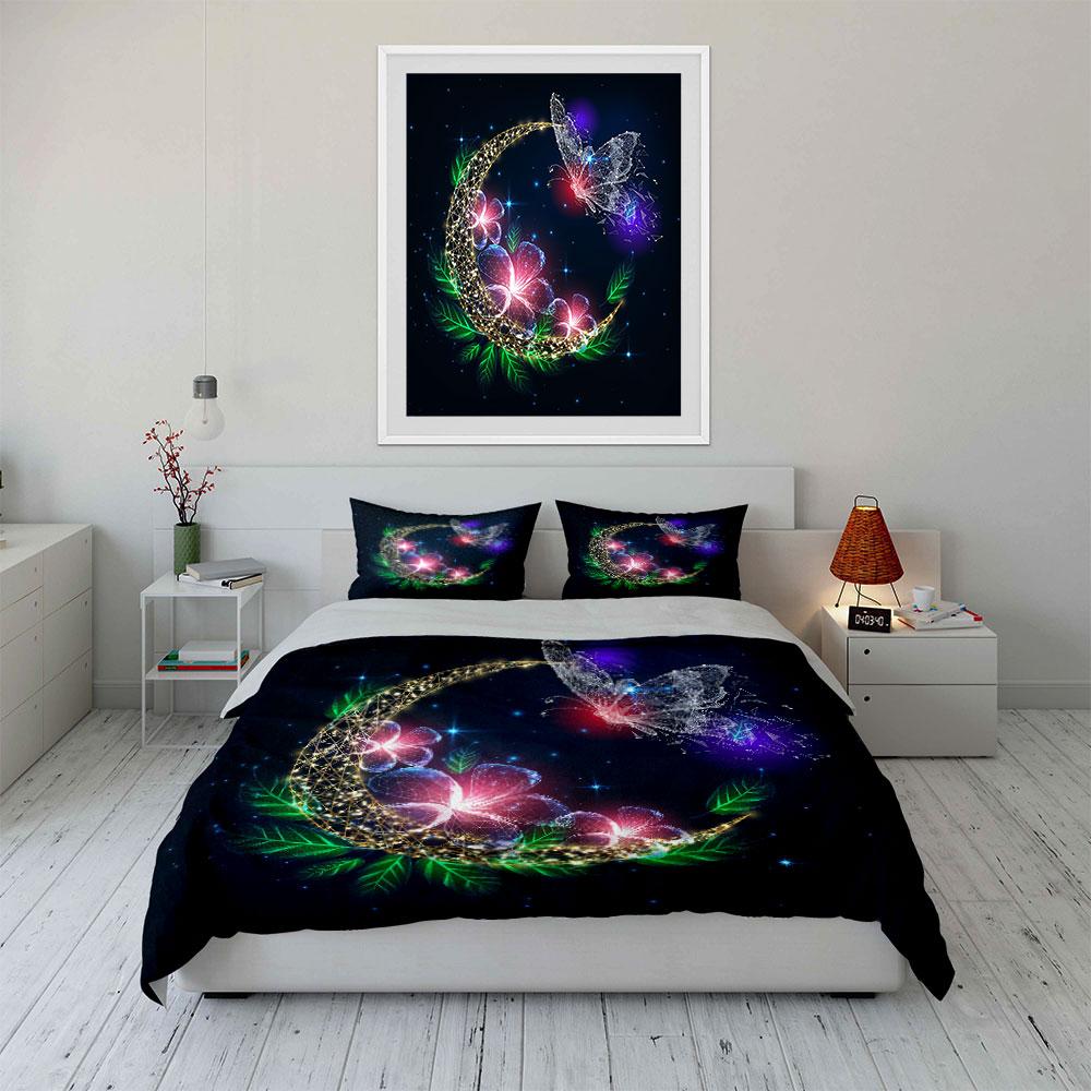 Butterfly Moon with Flowers Bedding Duvet Cover Set Duvet Cover Pillowcases  (1*Duvet Cover 2*Pillowcases, without duvet insert)