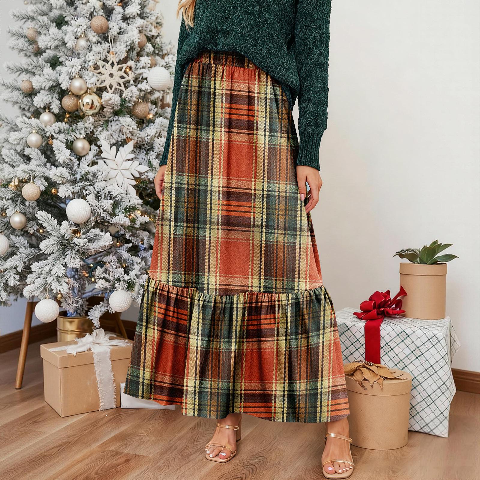 Женская повседневная длинная юбка с оборками Клетчатая юбка Ретро плиссированная юбка L