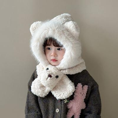 Korean New Children's Hat and Scarf All In One Women's Autumn and Winter Cute Bear Plush Wool Warm Ear Protection Hat