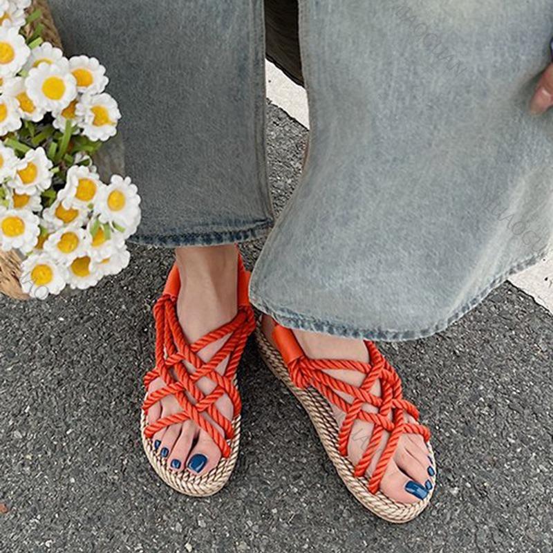 Fashion New Colourful Braided Sandals for Women Summer Flat Bottom Beach Bohemia Rome Women Cool Hemp Rope Sandal Casual Female Shoes