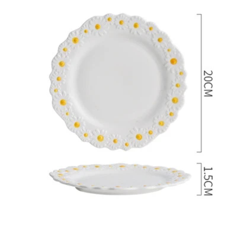 Ceramic Daisy Embossed Creative Dishes, Household Vegetable Rice Soup Bowl Dinner Plate Ceramic Set Combination Tableware