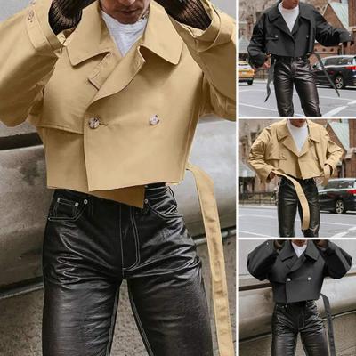 Cropped Windbreaker Jacket Retro Style Lapel Long Sleeve Single Breasted Solid Color
