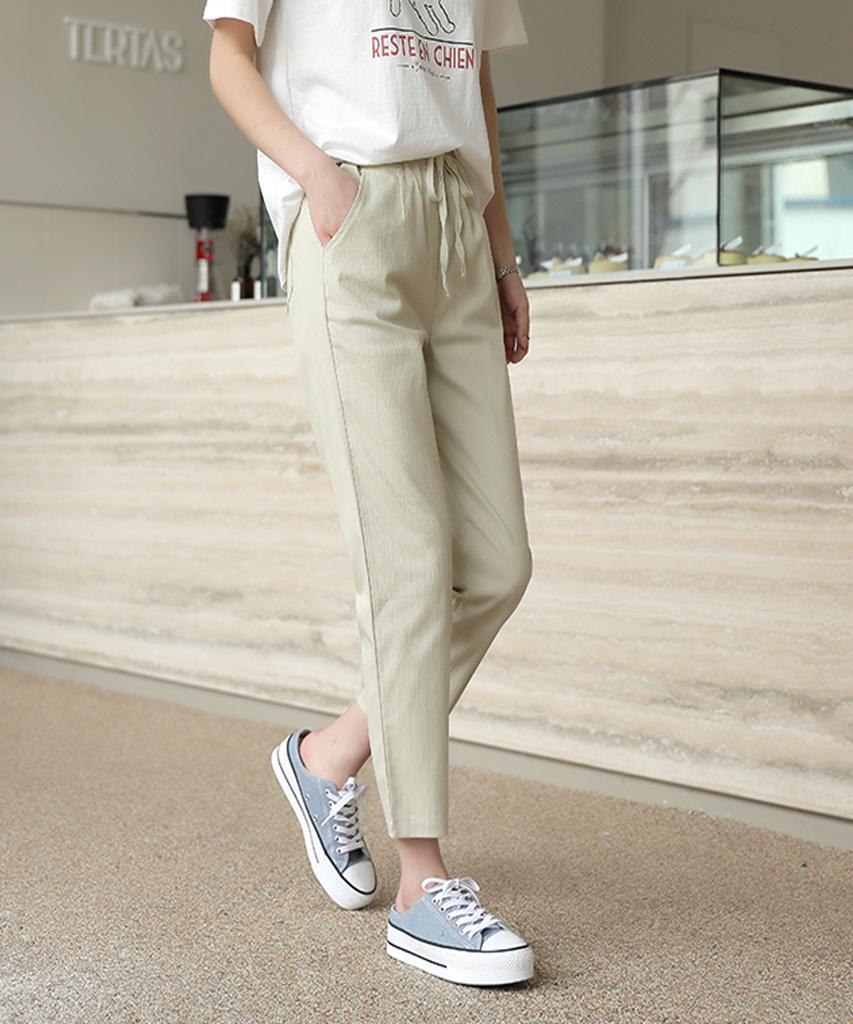 Ppaeppae Straight Baggy Drawstring Elastic Spandex Cotton Pants