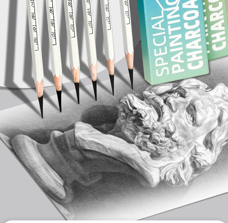 Flowing Light Charcoal Pencils: White, Green Bamboo, & Extra Soft for Sketching