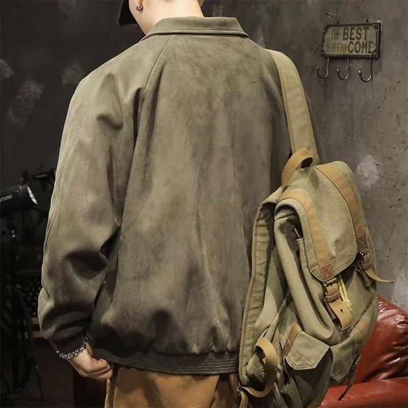 Men's Suede Plush Lapel Baseball Jacket - Retro American Casual Plus Size Outerwear for Spring and Autumn