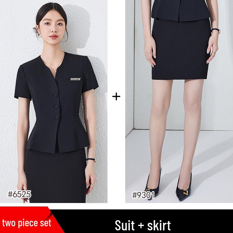 Women's Dark Blue Short-Sleeved Suit Set - Summer Professional Attire for Hotel and Jewelry Store Front Desk.