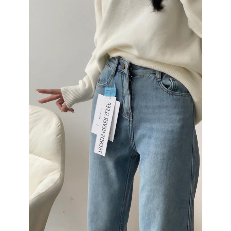 Women's Retro Blue Fleece-Lined Wide-Leg Jeans - Plus Size, High Waist, Slimming Loose Fit for Pear Shapes