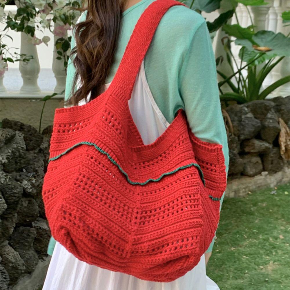 Korean Style Hollow Out Knitted Weave Bag Solid Color Knitted Shoulder Bag Crochet Tote Bag  Daily