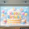 2D Pastel Happy Birthday Backdrop with Cake Photography Background