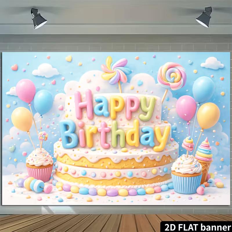 2D Pastel Happy Birthday Backdrop with Cake Photography Background