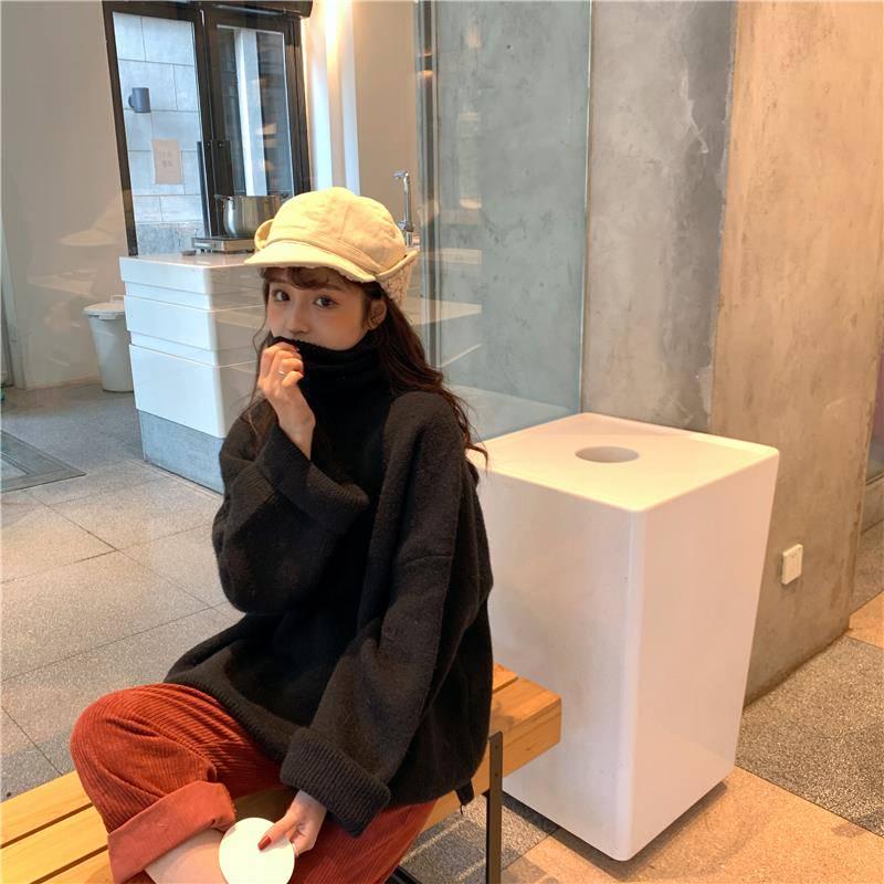 Winter Thick Turtleneck Wild Sweater Women Loose Pullover Split Solid Color Knitted Sweater