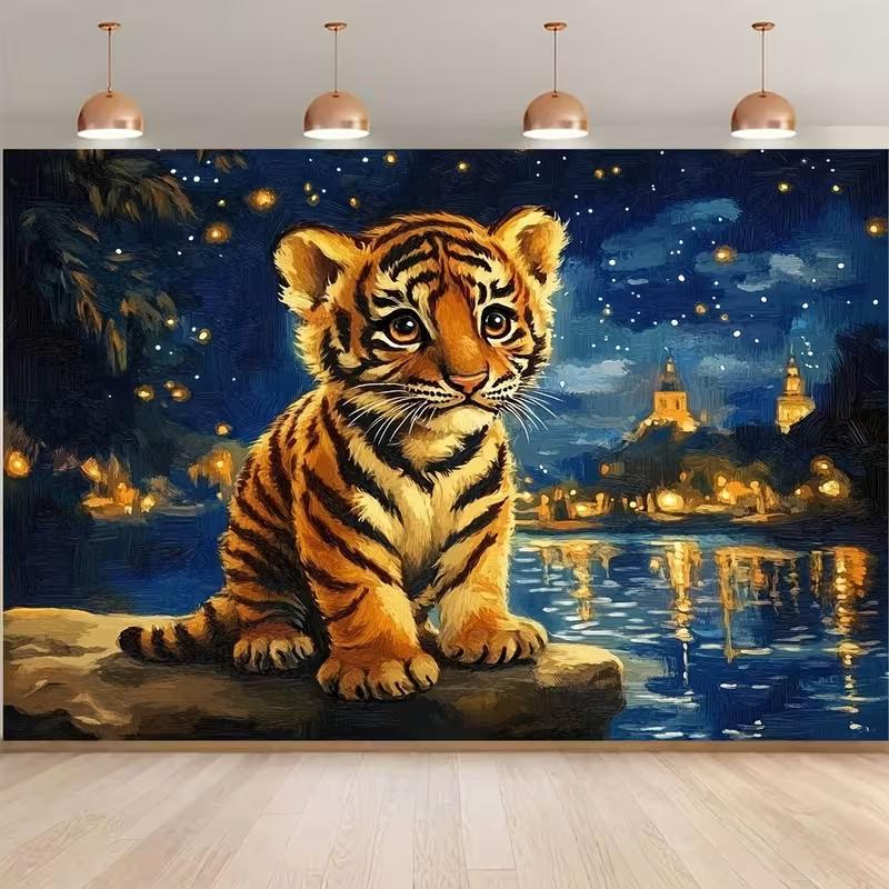 2D Whimsical Tiger Cub by Water Backdrop with Starry Night Lights