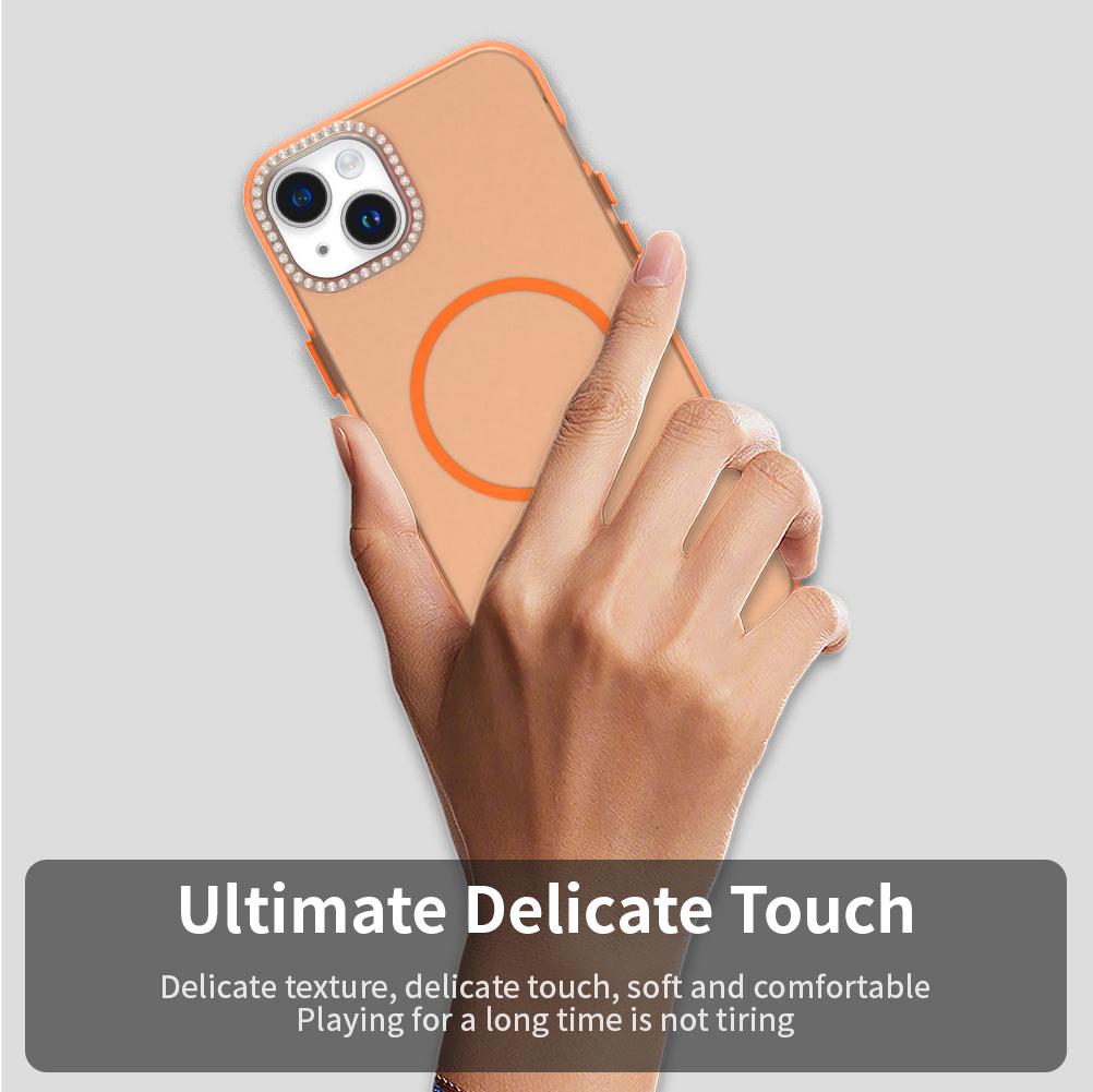 For iPhone 14/13 Case Compatible with MagSafe TPU+PC+PET Phone Cover Rhinestone Decor Lens Frame