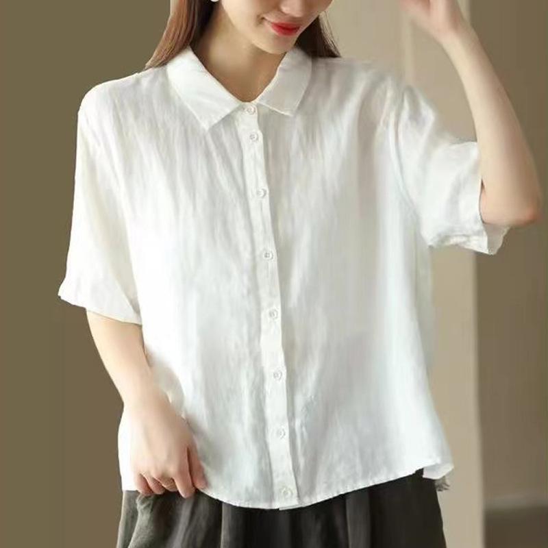

Cotton Linen Mid Sleeved Shirt Women Summer Fashion Simple Solid Color Top Loose Artistic Retro Collar Blouses M білий