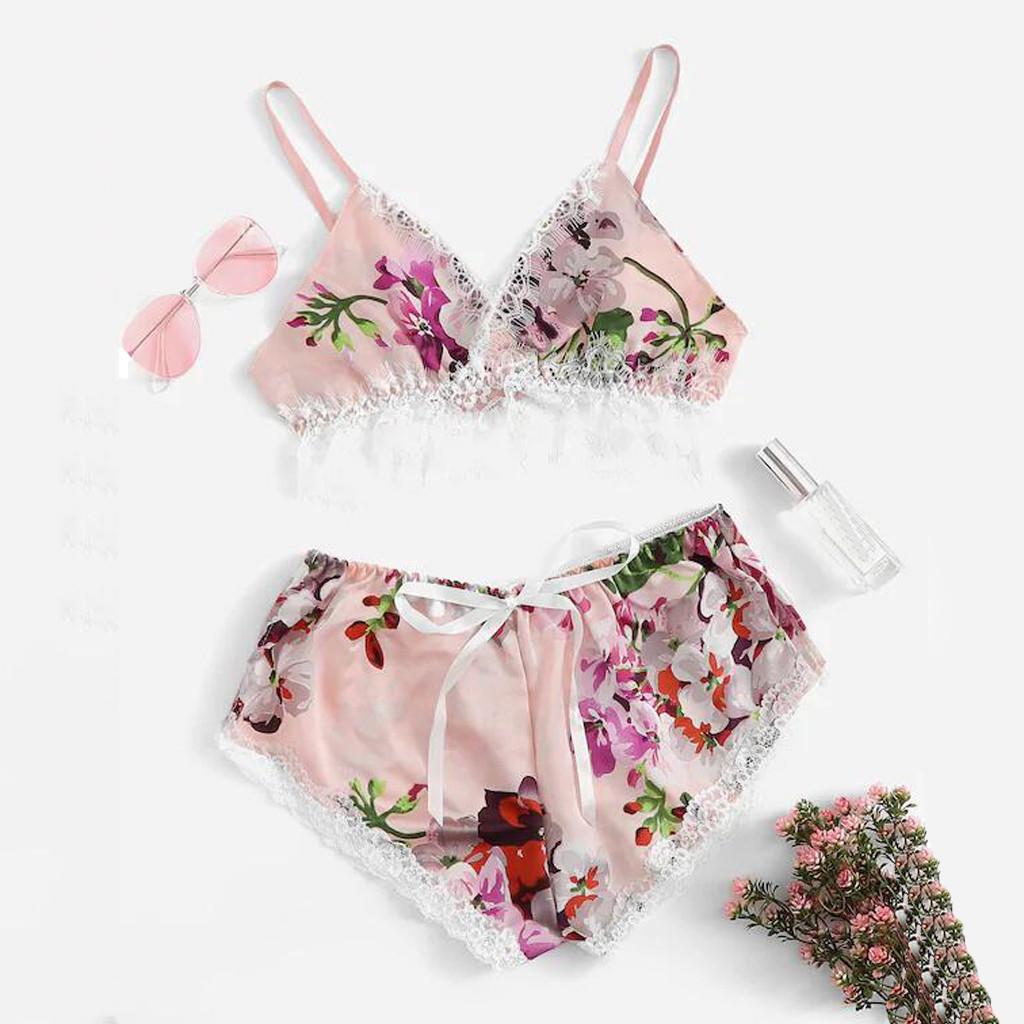 Fashion Sexy Lace Satin Trim Floral Bow Lingerie Set Pajamas Babydoll Sleepwear