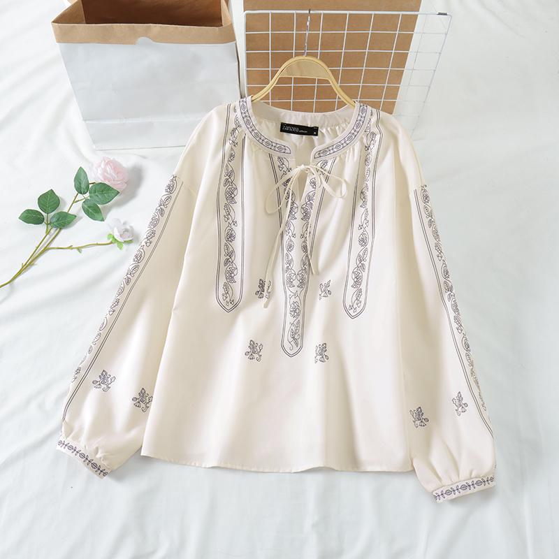 

ZANZEA Women Round Neck Long Sleeve Lace Up Printed Shirts Blouse бежевый