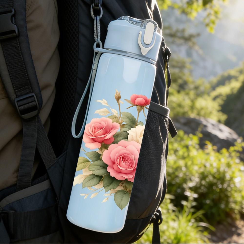 1PC Pink Rose Flower Bouquet Pattern 750ml Color Plastic Sports Water Bottle Leakproof Flip Straw Lid Suitable for Sports Office Home Use