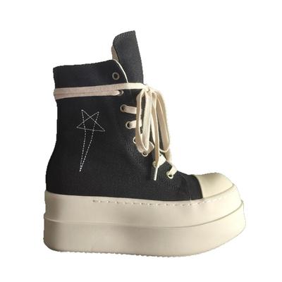 Ademende Canvas Schoenen met Dikke Zool voor Mannen en Vrouwen Hoge Top Vetersluiting Rits Gesloten Platte Platform Enkellaars Ster Decoratie Schoen