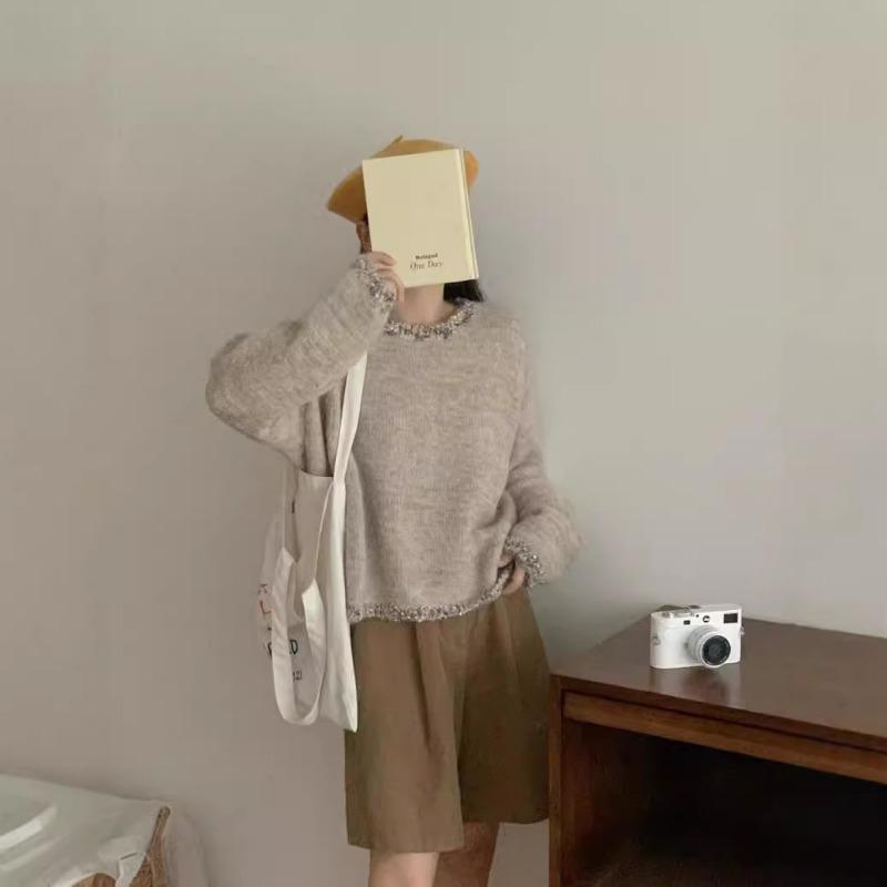 Variegated crew neck cuff pullover sweater women's autumn and winter new loose and versatile soft waxy knitted sweater top