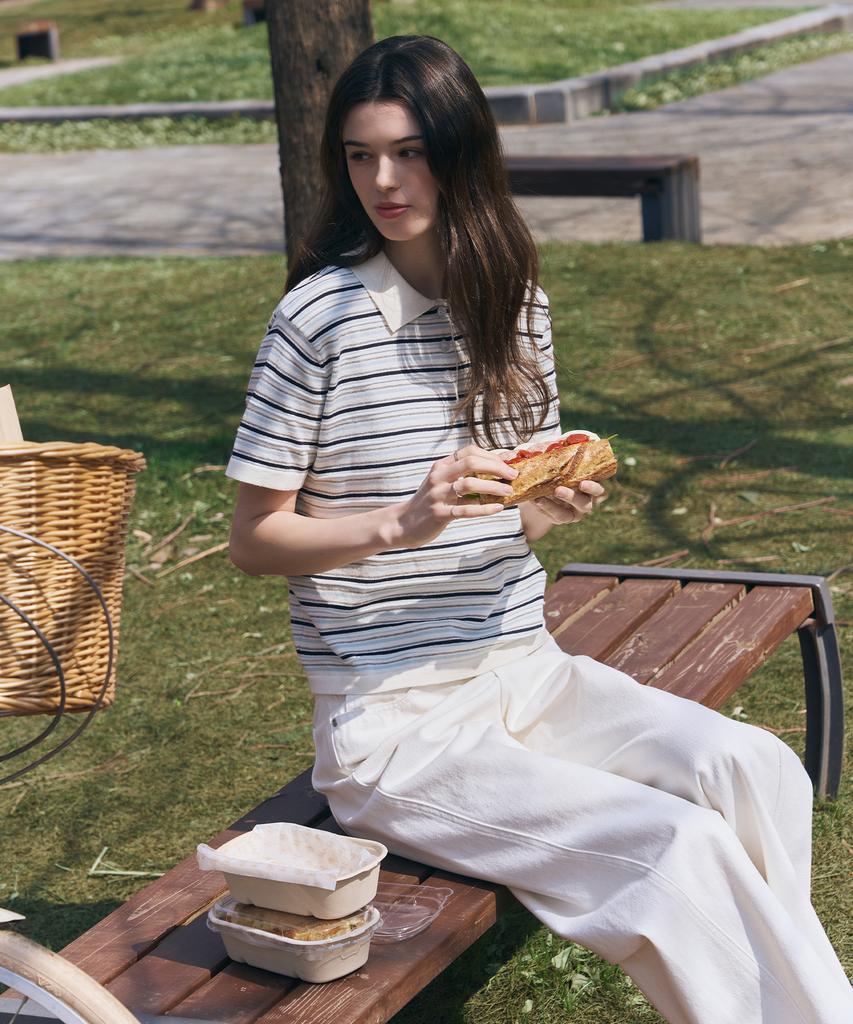 Deuloupisumeon Cotton Striped Short Sleeve Collared Knit [Ivory]