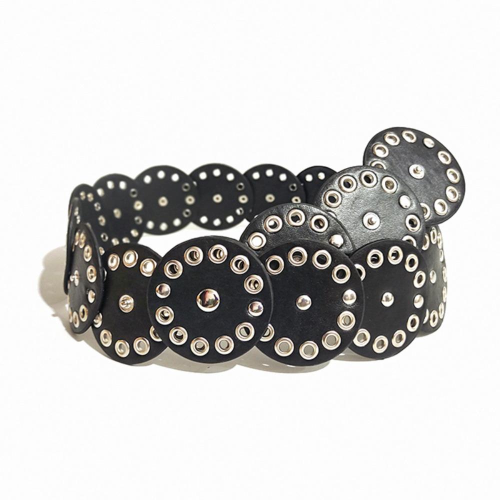 Retro Rivet Wide Belt Y2k Concho Waistband Fashion Disc PU Hollow Belt  Girls