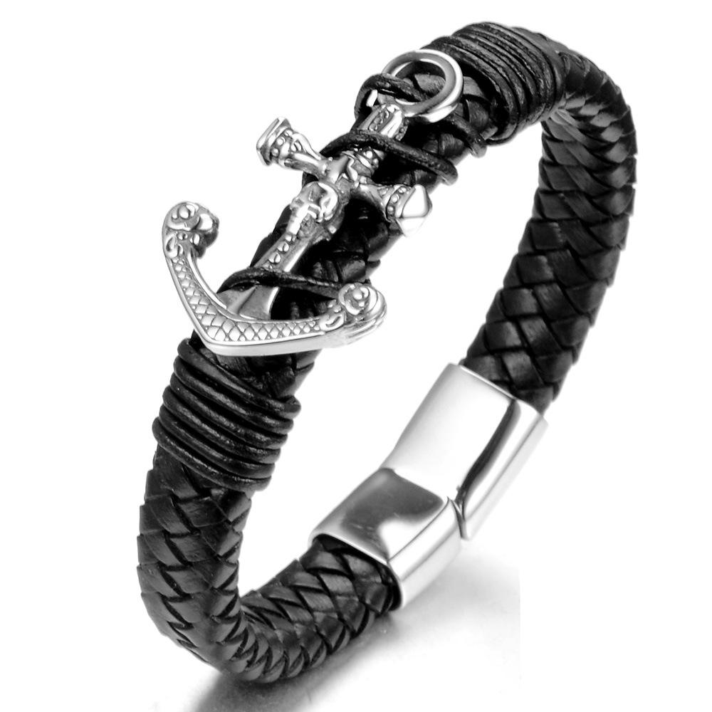 European and American punk hand-woven cowhide bracelet, boat anchor bracelet, stainless steel men s bracelet.