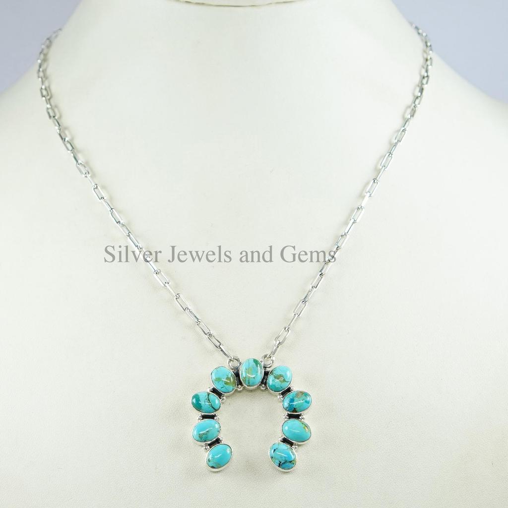 Turquoise Squash Blossom Necklace: Sterling Silver Paper Clip Chain Necklace