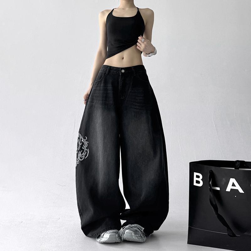 2025 Summer Unisex Retro Embroidered Scimitar Wide-Leg Jeans