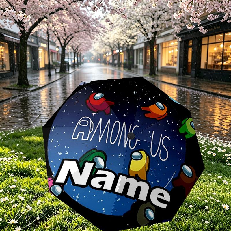 Custom Name Personalized Among Us Print Umbrella, Auto Open Close, 8‑Rib Sturdy Frame, Commute Camping Hiking Use, Birthday Gift