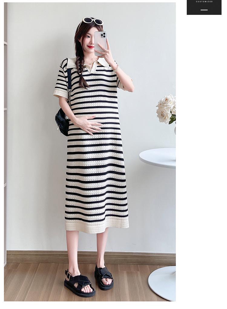 2026 Summer Striped Knit V-Neck Mid-Length Maternity Dress