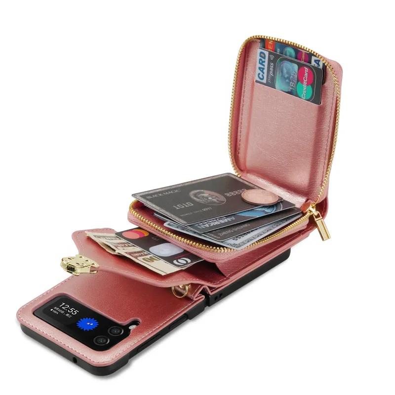 Long Lanyard Zipper Card Wallet Case For Samsung Galaxy Z Flip 7 6 5 4 3 5G Flip6 Flip7 Crossbody Leather Holder Purse Bag Cover