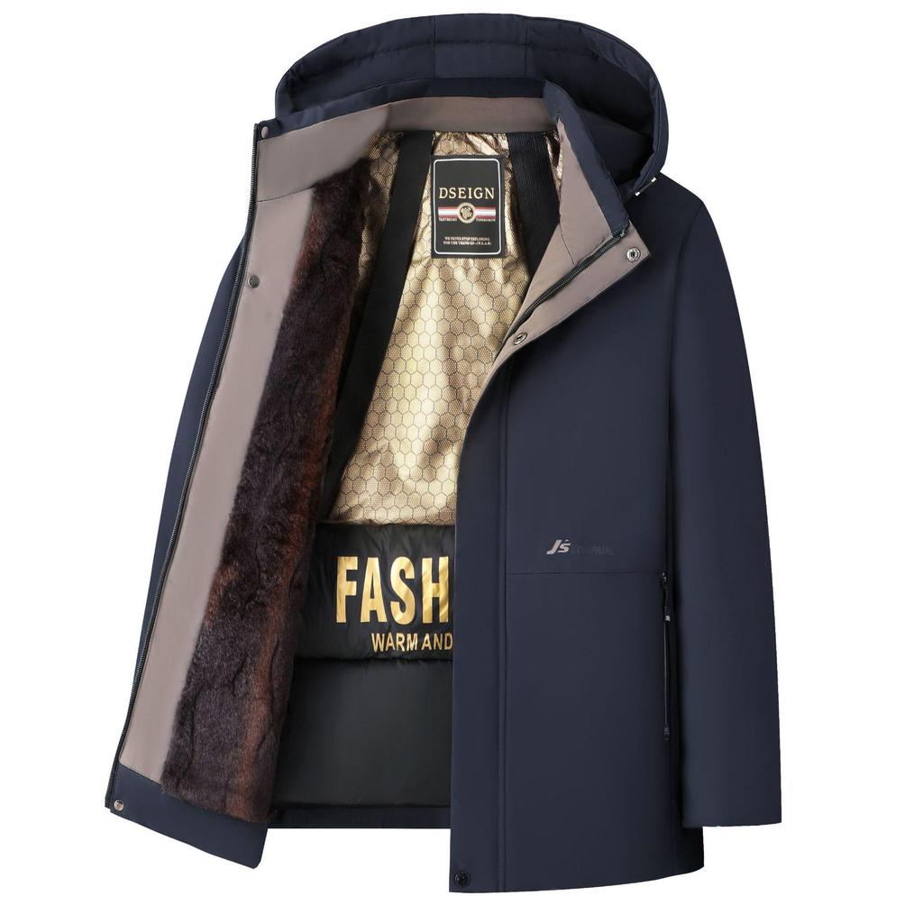 Men's Black Gold Fleece-Lined Hooded Winter Jacket - Thick Warm Cotton Parka for Middle-Aged Dads