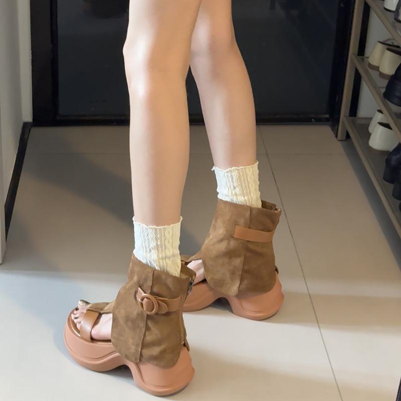 Fashion Fashion Height Increase Women Sandals Boots Fashion Hollow Out Open Toe Shoes Street Style Ladies Thick Heel Short Booties