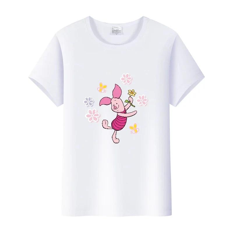 Kawaii Cartoon Pooh Bear Piglet Clothes Girl Top Womam T-shirts Loose Blouse White Tee Short Sleeve Streetwear 90S Shirts Unisex
