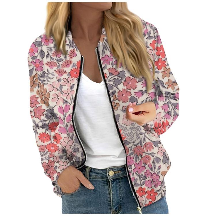 Fashionable Women Long Sleeve Casual Jacket Floral Leaf Print Round Neck Zipper