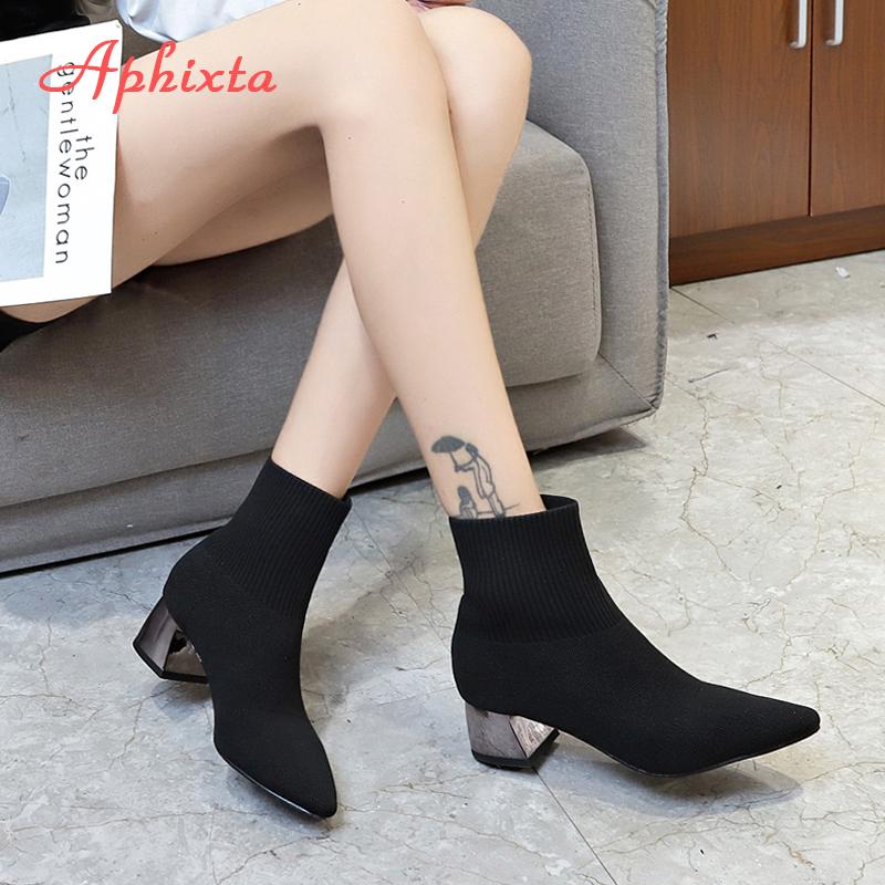 Fashion Aphixta 2025 New Fashion Ankle Boots Women Shoes Elastic Sock Boot Chunky High Heels Stretch Sexy Booties Pointed Toe Plus 41 43