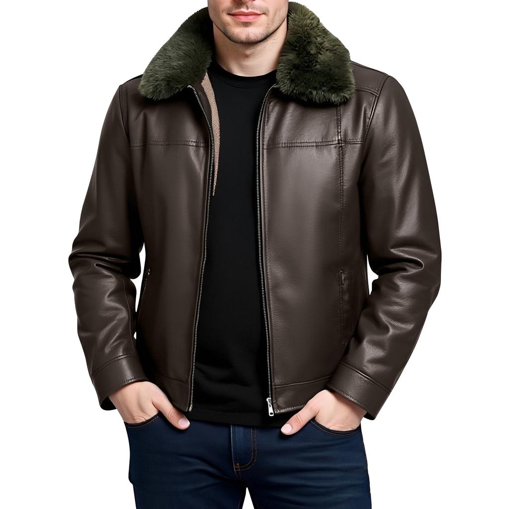 Men's Winter Solid Color Plus Velvet Leather Jacket Men's Casual Jacket