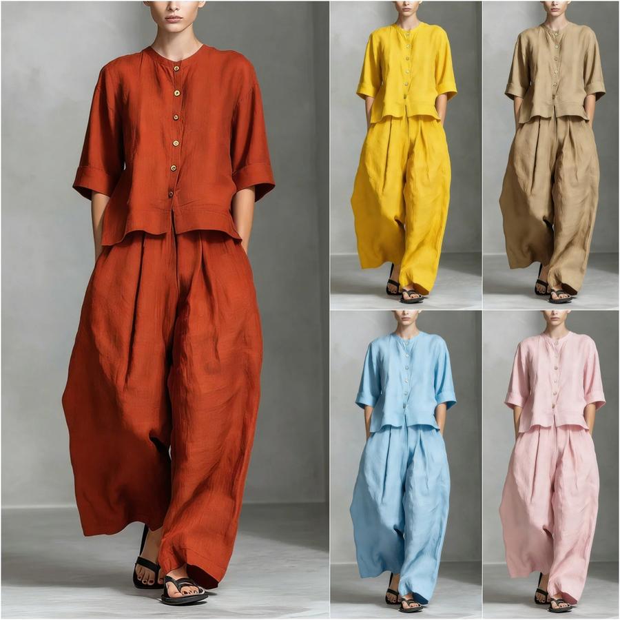 Completo Due Pezzi Donna Primavera/Estate Nuovo Casual Cotone Lino Camicia Pantaloni Larghi