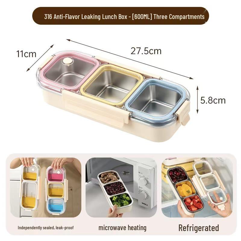 316 Stainless Steel Leak-Proof Bento Box with Three Compartments for Freshness and Fat Reduction