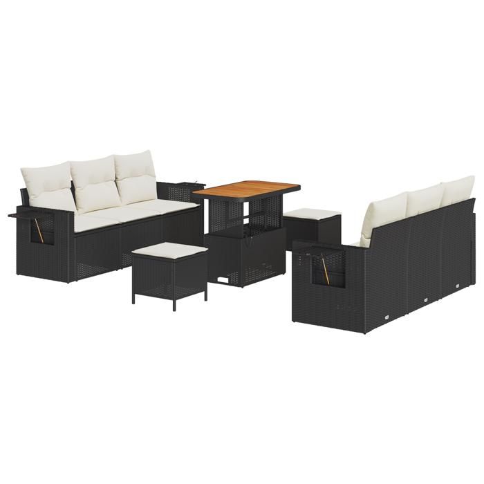 Ensemble de Canapé de Jardin de 9 Pièces avec Coussins Noir Rattan Poly Acacia, Ensemble de Salle à Manger de Jardin 3 3361700